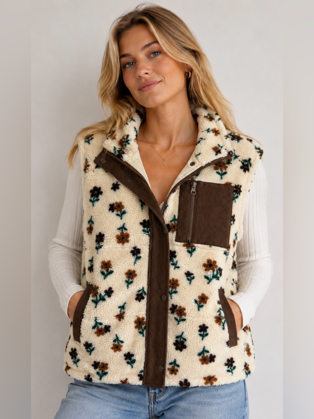 Cozy Floral Sherpa Vest - Cream/Brown with Corduroy Contrast
